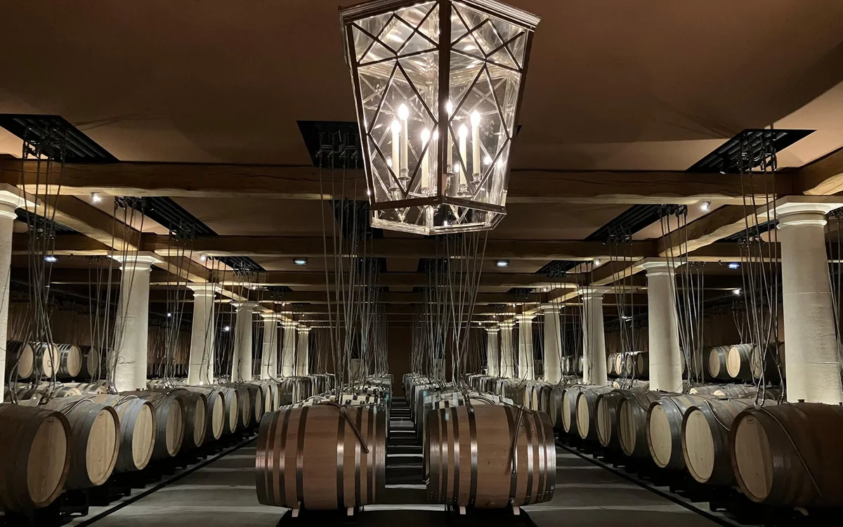 Rows of oak wine barrels in a long cellar under a hanging lantern