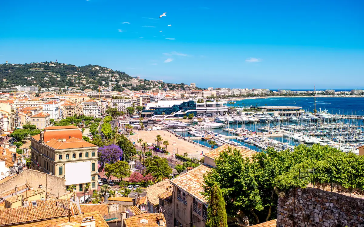 The rooftops and harbour of Cannes seen from the hill above